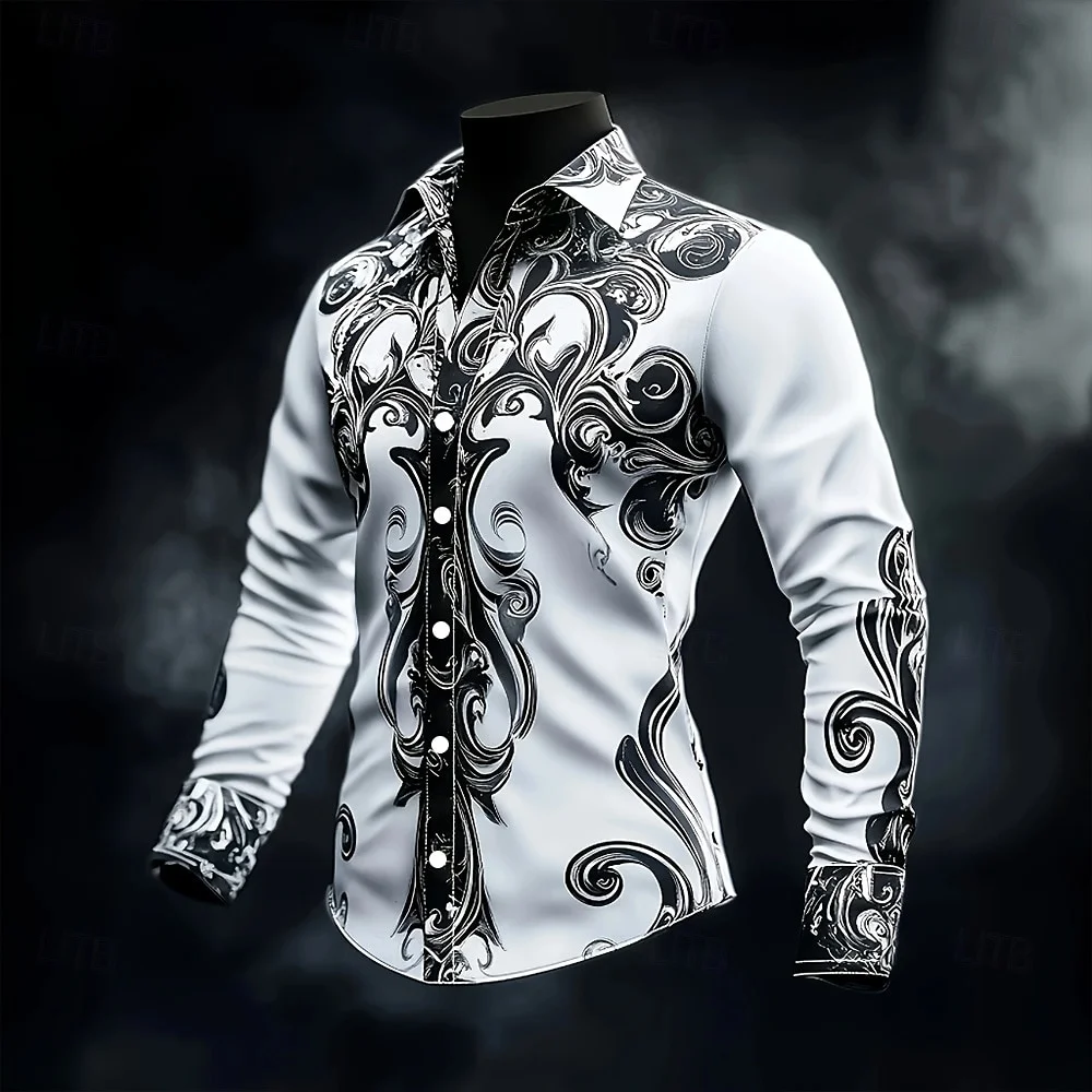 

New men's casual long-sleeved button-down shirt with artistic print, fashionable and comfortable, large size, fast shipping