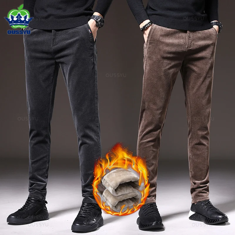 

Brand Clothing Winter Fleece Warm Corduroy Pants Men Business Solid Color Wear Korean Grey Brown Work Flocking Casual Trousers