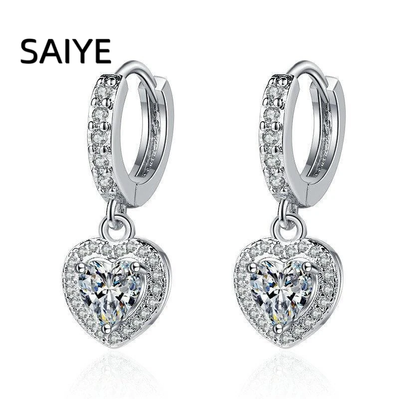 925 Sterling Silver Heart Shape Halo Cubic Zirconia Dangle Huggie Earrings for Women Pave CZ Hoop Drop Earrings Jewelry Gift