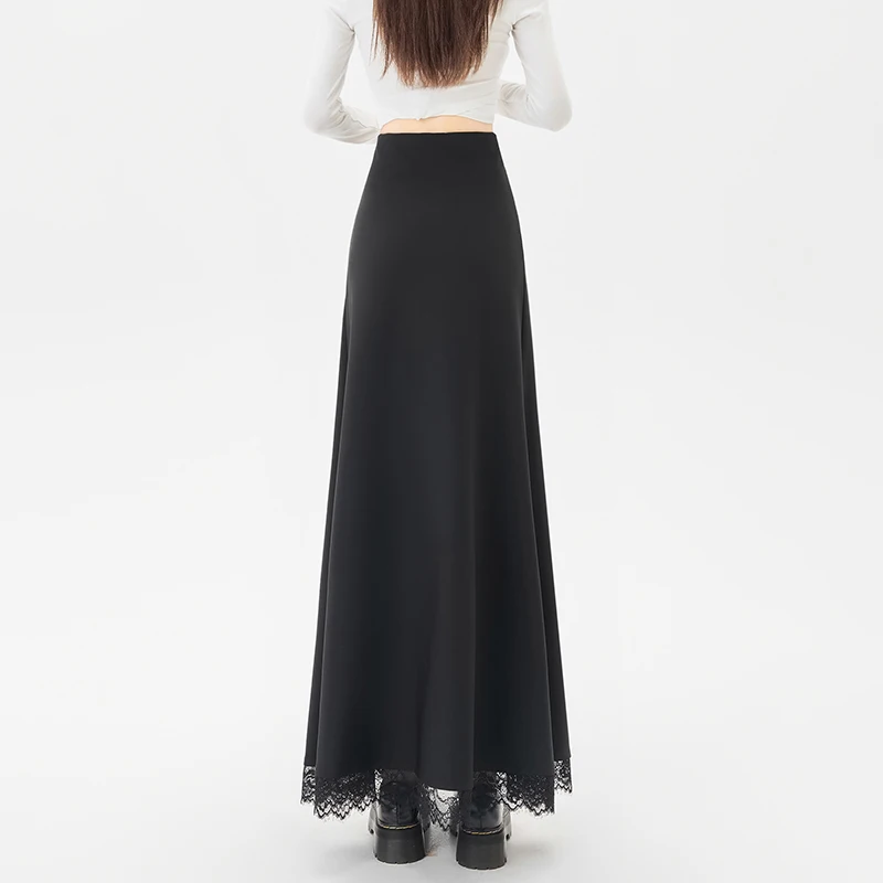 Zwarte kleur Eenvoudige half-body rokken Vrouwelijke hoog getailleerde A-lijn lange rok Woon-werkstijl Chique ontwerp Kanten rokken voor dames