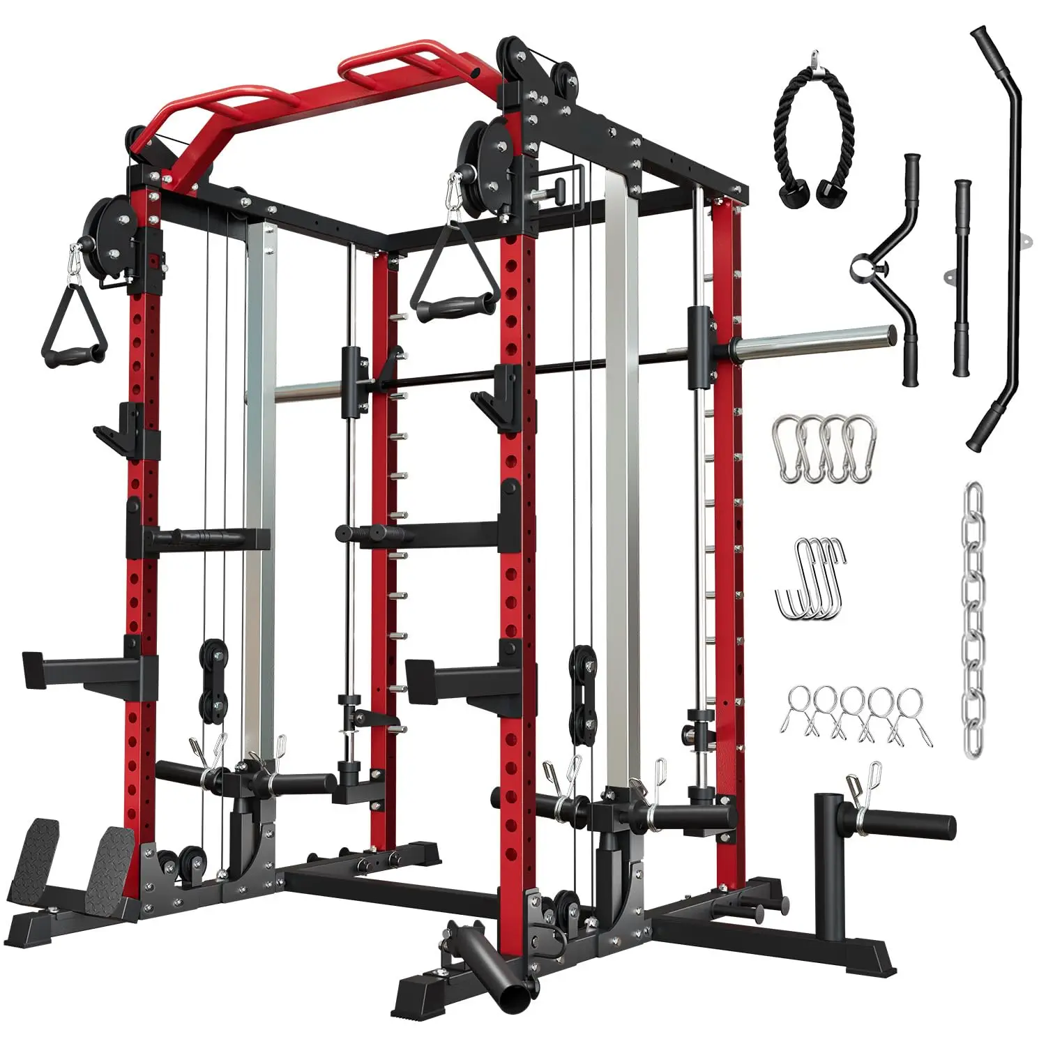 Smith Machine Home Gym, Multi-Function Power Cage with Dual Pulley Cable Crossover System, All-in-One Squat Rack with