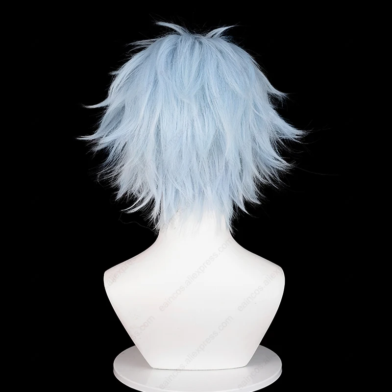 KendpiercOkazaki Cosplay Perruque, Perruques Courtes, Bleu Clair, Degré de Chaleur, Cheveux Synthétiques, 30cm