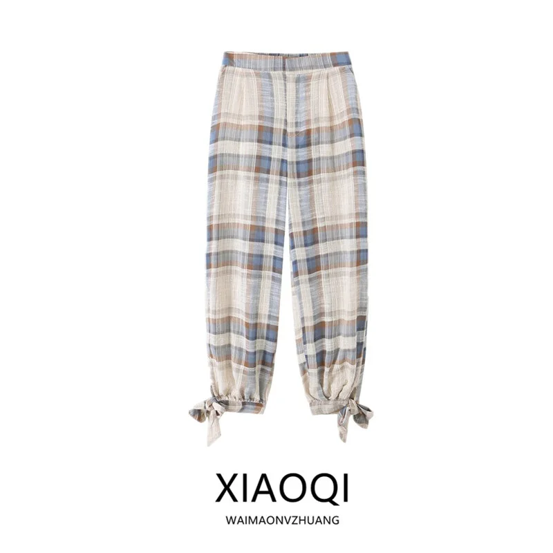 New Autumn 2026 Women's Casual Trousers Pleated Plaid  Knot Lantern Pants mid Waist Natural Waist Other Material 100%