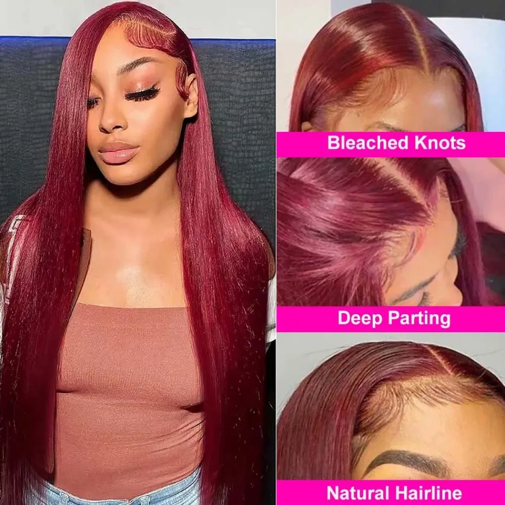 99J بورجوندي الدانتيل أمامي باروكة من شعر طبيعي 13x6 HD الدانتيل أمامي شعر مستعار مستقيم ملون 220 الكثافة خصلات الشعر المستعار الإنسان للنساء 40 بوصة #2