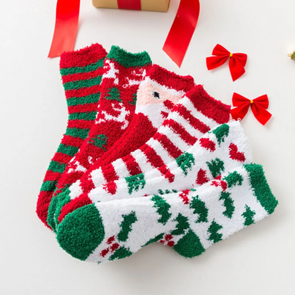 

6 Pairs Coral Fleece Socks Thicken Warm Unisex Kids Adults Christmas Gifts Stockings Soft Durable Non Slip Long Time Use