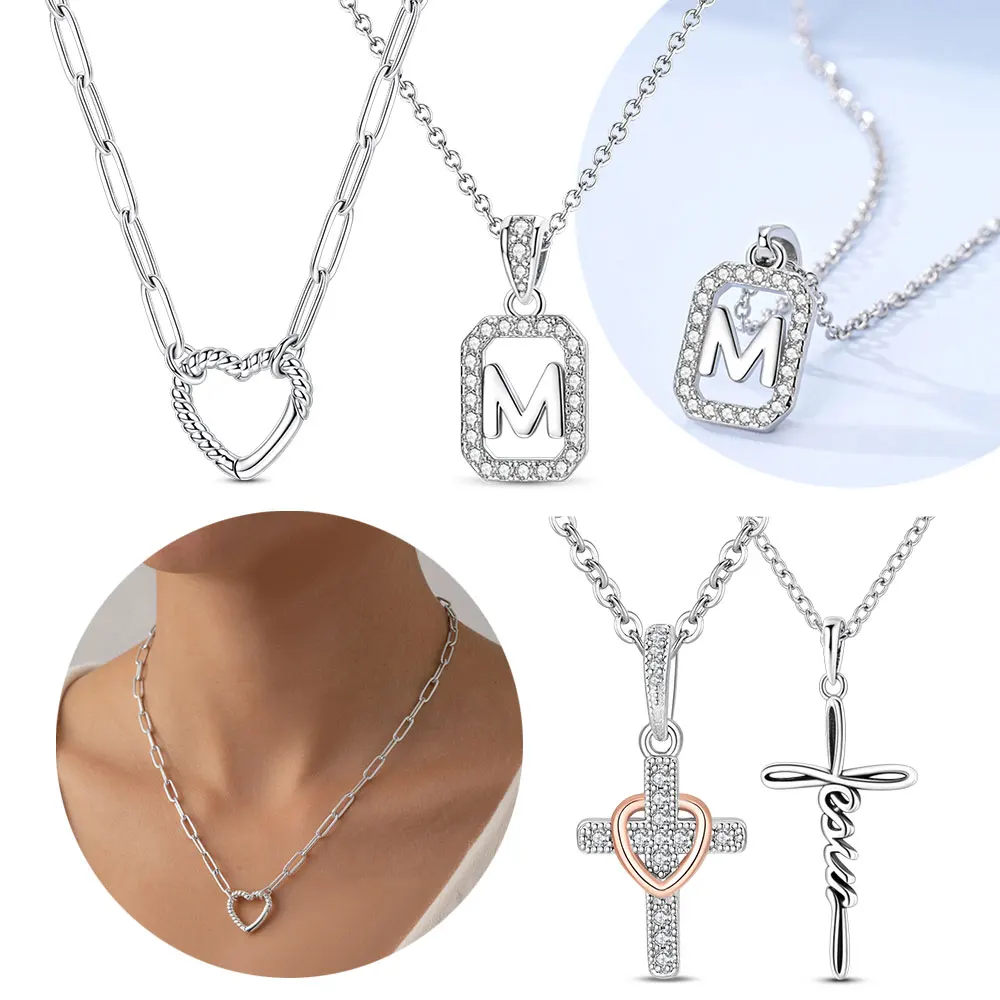 

Original 925 Silver Sparkling Letter M Jesus Cross Heart Universal Buckle Necklace Valentine's Women Gift Accessory