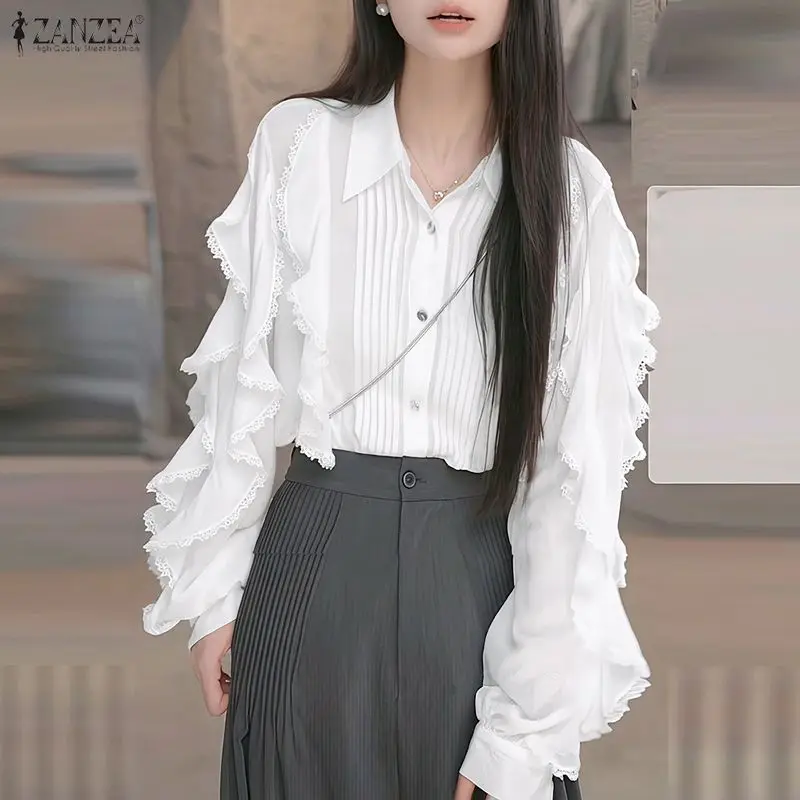 

ZANZEA Women Shirts Fashion Long Sleeve Ruffled Blouse 2026 Spring Autumn Elegant Office OL Lady Tops Tunic Solid Casual Blusas