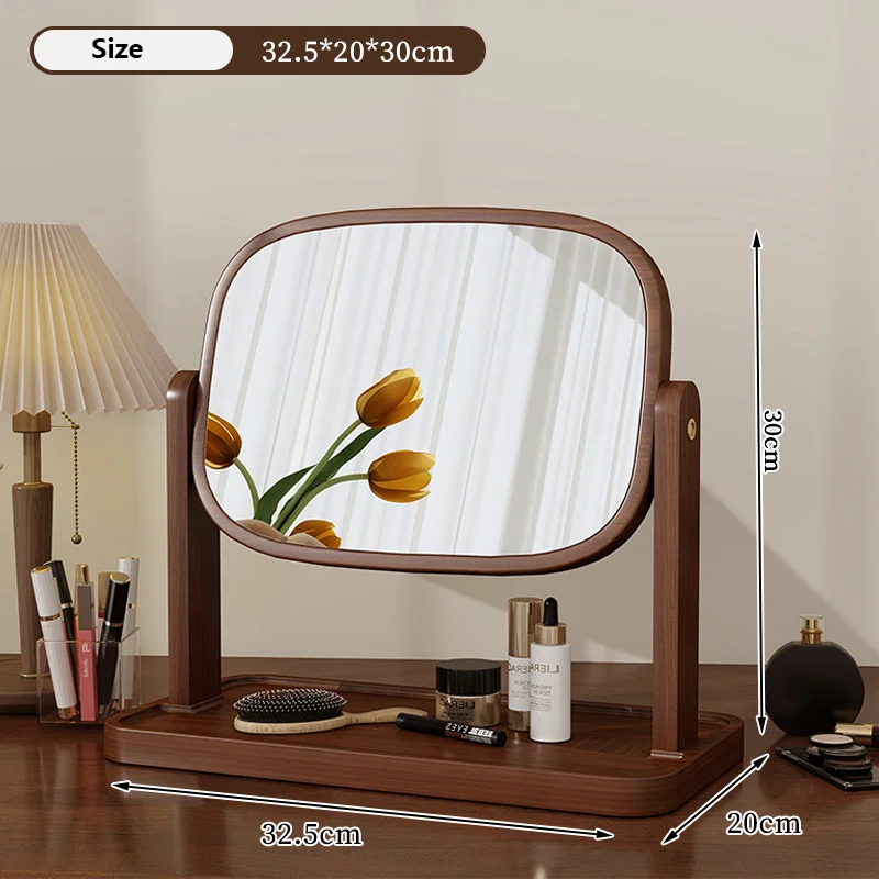 Madeira maciça 360 °   Espelho de vaidade giratório com armazenamento - Espelho de penteadeira de mesa vintage para quarto de meninas, espelho de maquiagem clássico