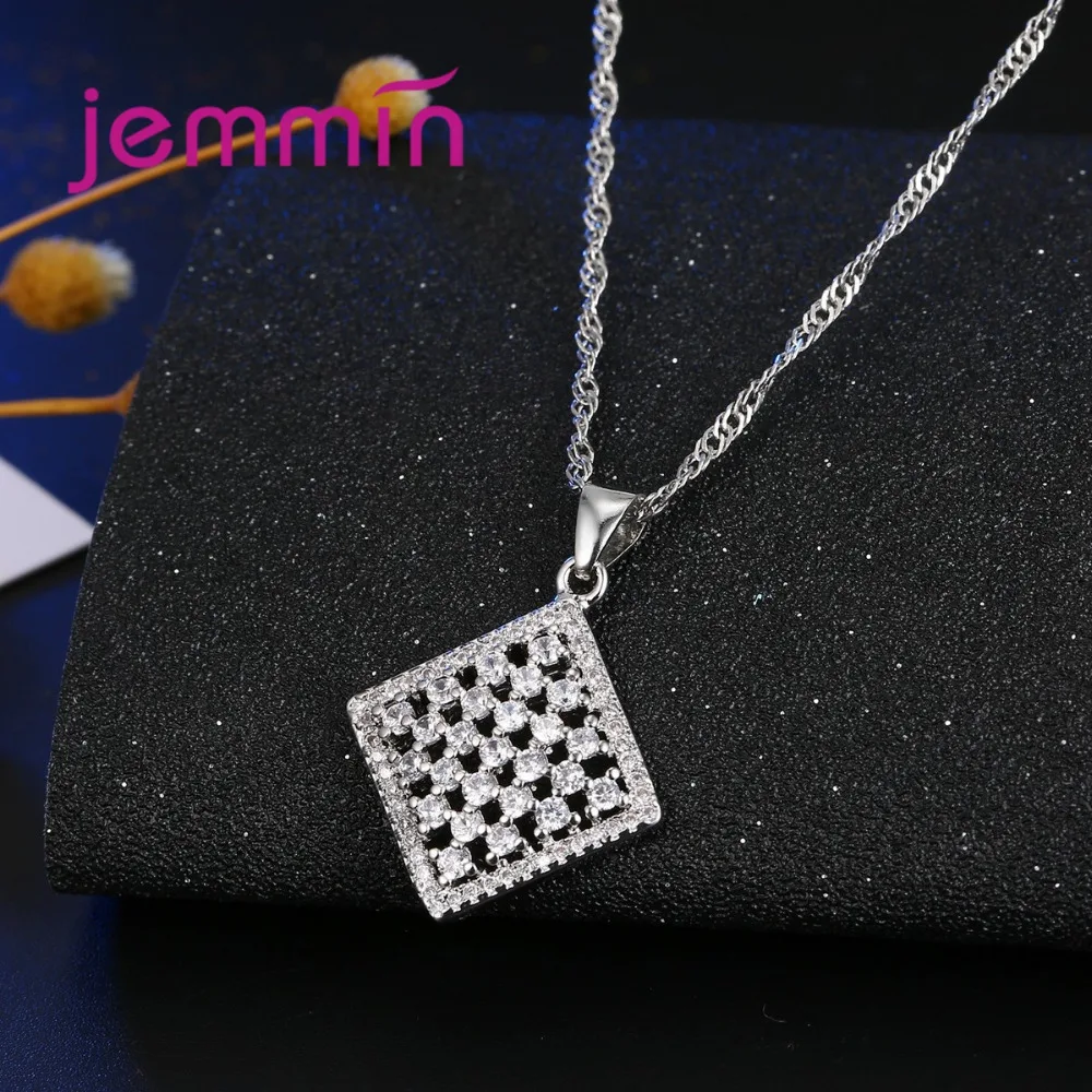 Fashion Genuine 925 Sterling Silver Square Shaped Jewelry Sets With Shinny Micro CZ Crystal Pave Pendant Necklace Earrings Sets