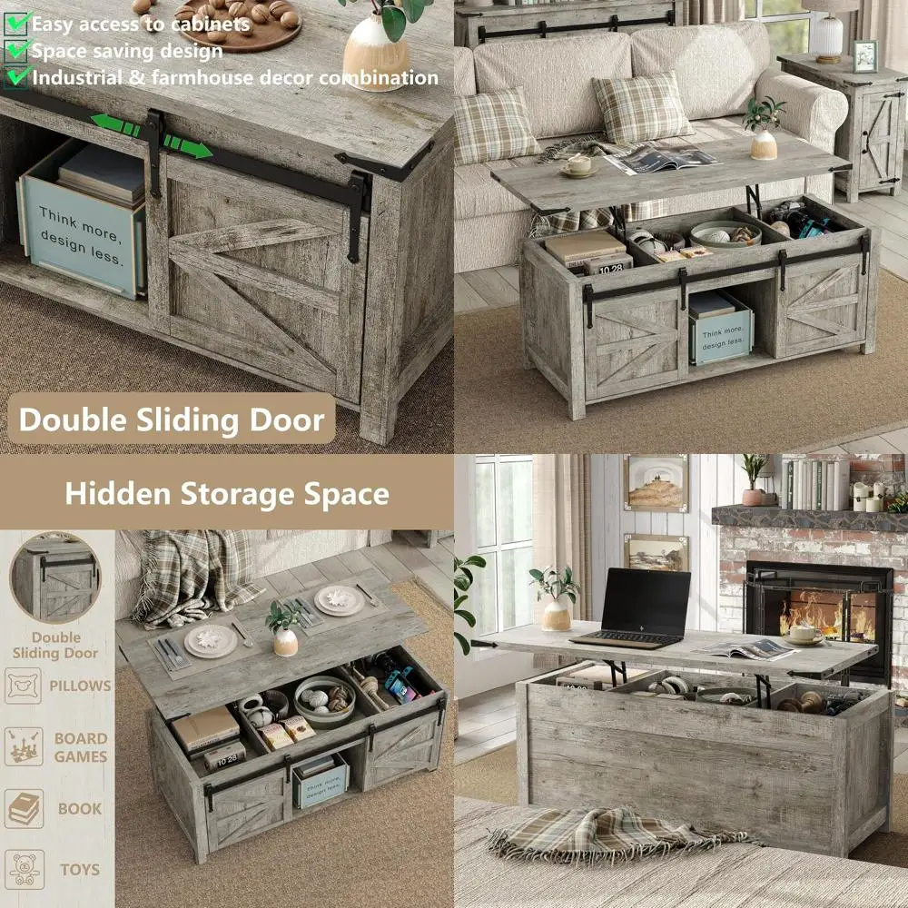 

Farmhouse-Style Coffee Table with Sliding Barn Doors, 47.3 Rectangular, Large Hidden Storage, Rustic Grey Finish