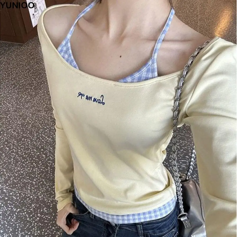 

Sweet Blue Grid Long Sleeve T-shirt Lace Simple Slim Thin Pullover Undershirt Bottoming Shirt Crop Top Women Y2k Female