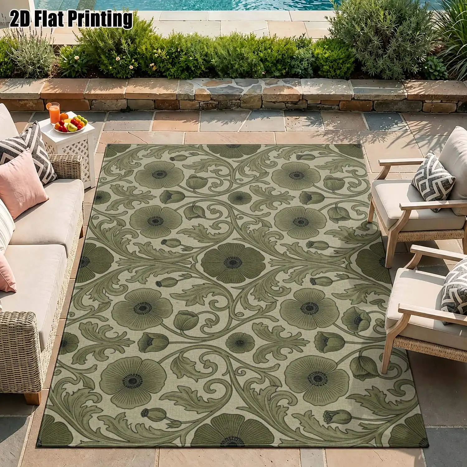 1Pc 2D Printed Carpet: Green Flower & Vine Pattern, European Vintage Simple Style, Multi-Size Machine Washable Home Decor Mat for Entrance, Dining Room, Foyer, Bedroom, Living Room