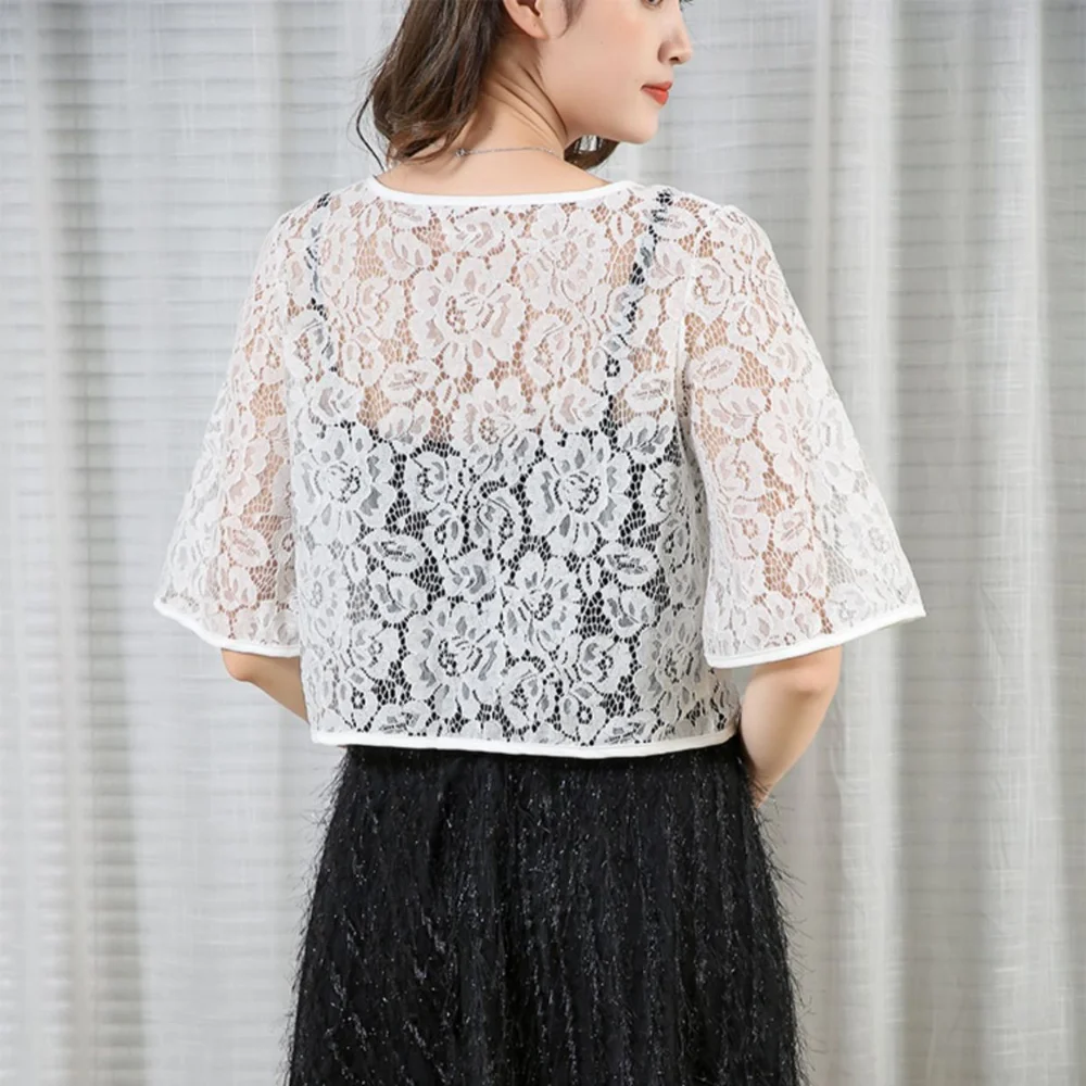 Flower Mesh Small Shawl Jacket Lace Up Hollow Lace Cardigan Shirt Sunscreen Clothing Transparent Sun Protection Cardigan Tops