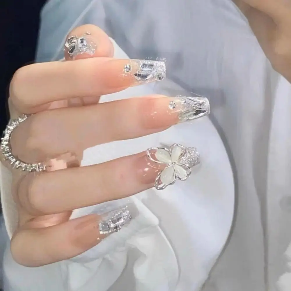 

Sweet Wearable French Fake Nails Removable Rhinestone Butterfly False Nail Square Head Full Cover Nail Tips Women