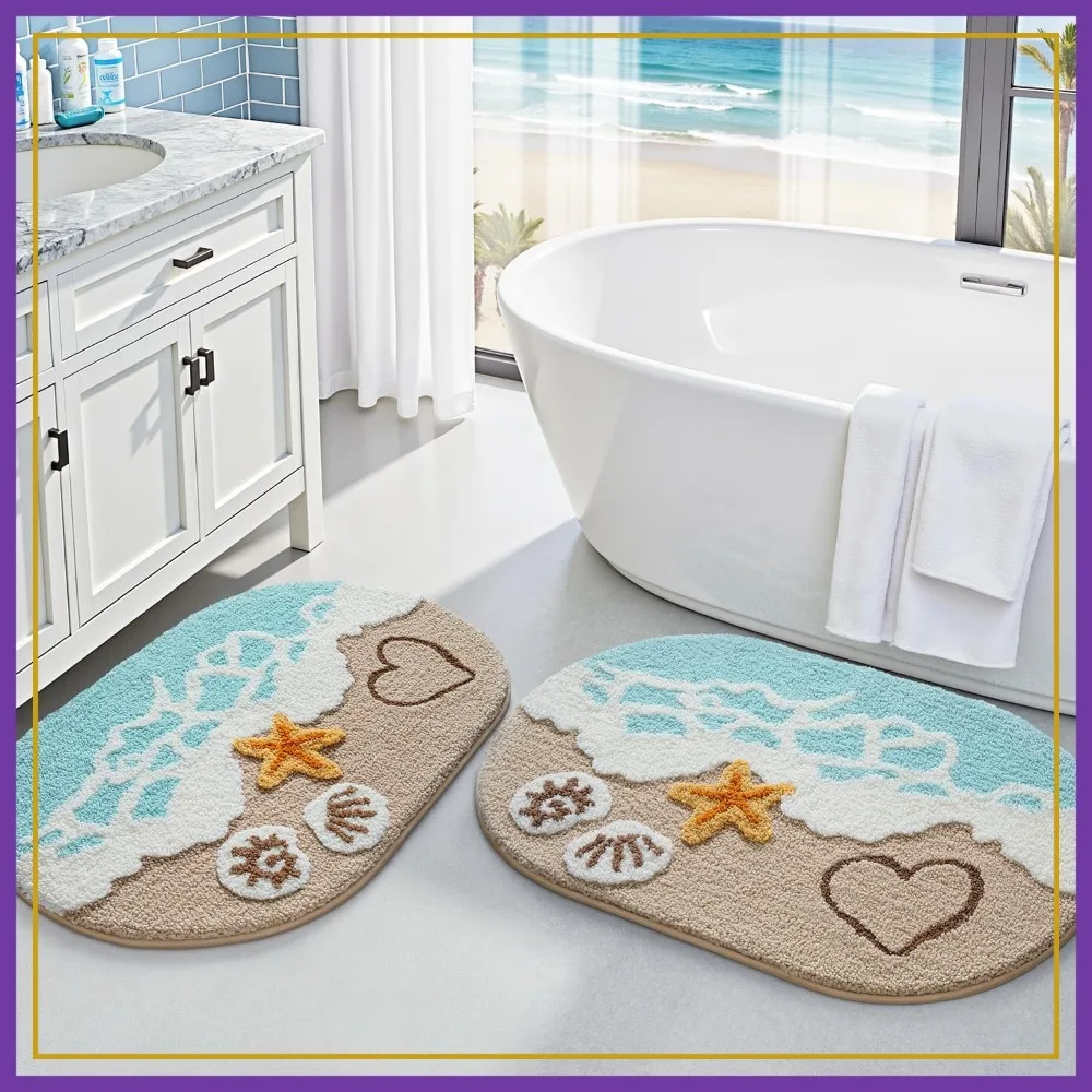 

2 Piece Beach Bathroom Rugs Set, Non Slip Bath Mat Ultra Soft Washable Absorbent Quick Dry, Ocean Sea Theme Rug with Starfish Shell for Shower Floor, Kitchen Decor