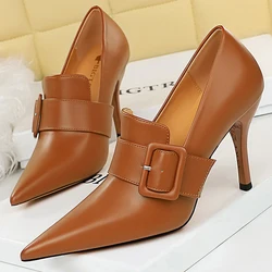 2024 New Pointed Shoes Women Pumps Belt Buckle Decoration High Heels Pu Leather Shoes Female Stilettos Heels Office Career Pumps