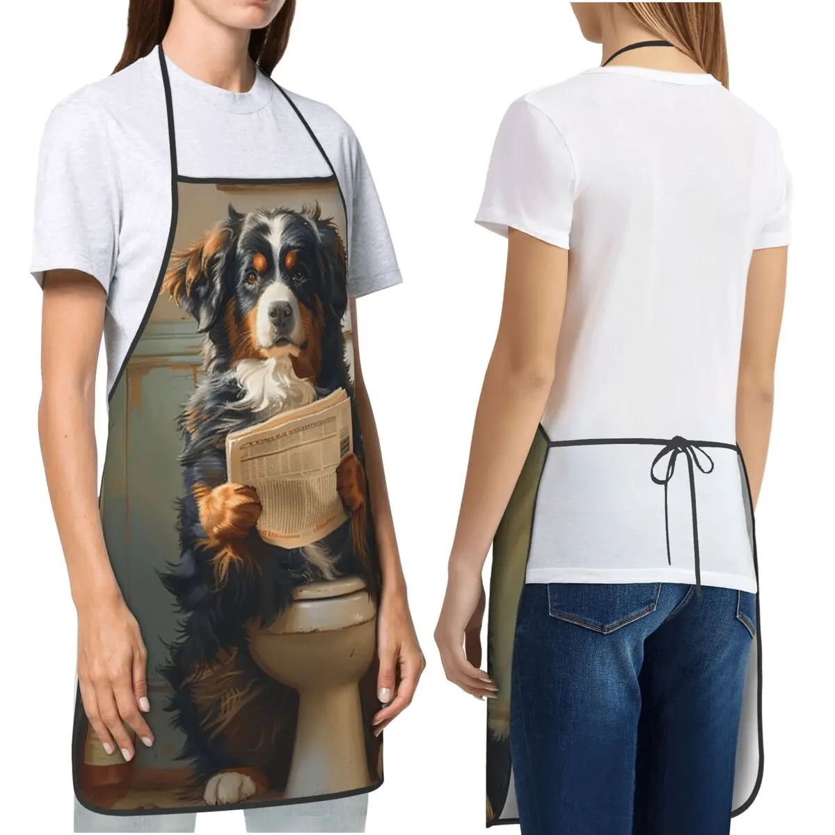 Bernese Mountain Dog On The Toilet And Reading The Newspaper Aprons Chef Cooking Baking Tablier Bib Kitchen Cleaning Pinafore