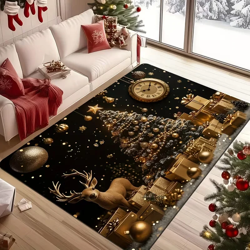 Red Gold Christmas Bauble Snowflake Merry Christmas Area Rug Non Slip Floor Mat Xmas Holiday Living Room Entryway Decor Carpet