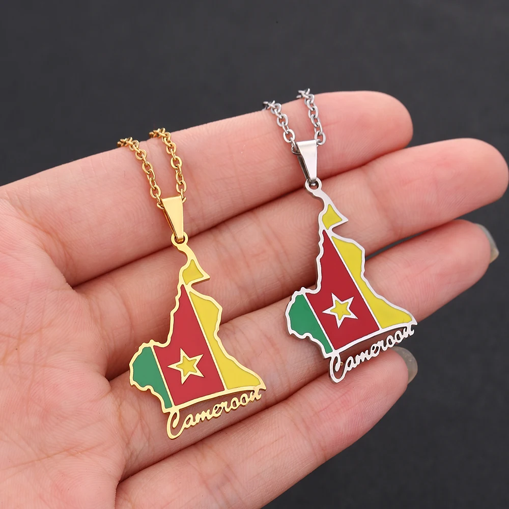 Cameroon Map Flag Pendant Necklace Stainless Steel For Women Girls Gold Silver Color Charm Fashion Cameroun Femal Jewelry Gift