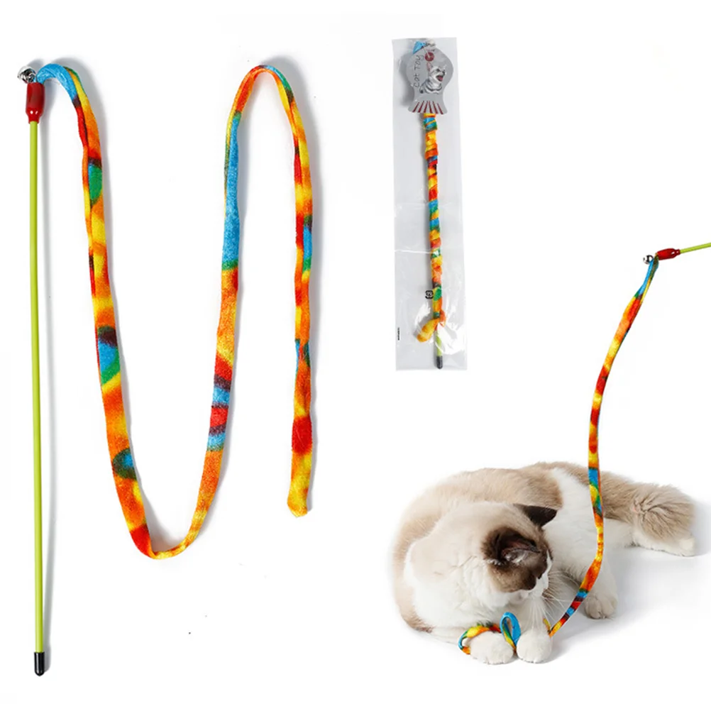 Funny Cat Toy Wand Interactive Colorful PVC Ribbon Pet Teaser Toy with Bell for Cat Kitten (Rainbow Stripe)