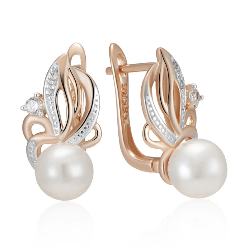 Wbmqda Luxury Pearl Drop Women\'s Earrings 585 Rose Gold Silver Mixed Color Retro Wedding Party Fine Jewelry