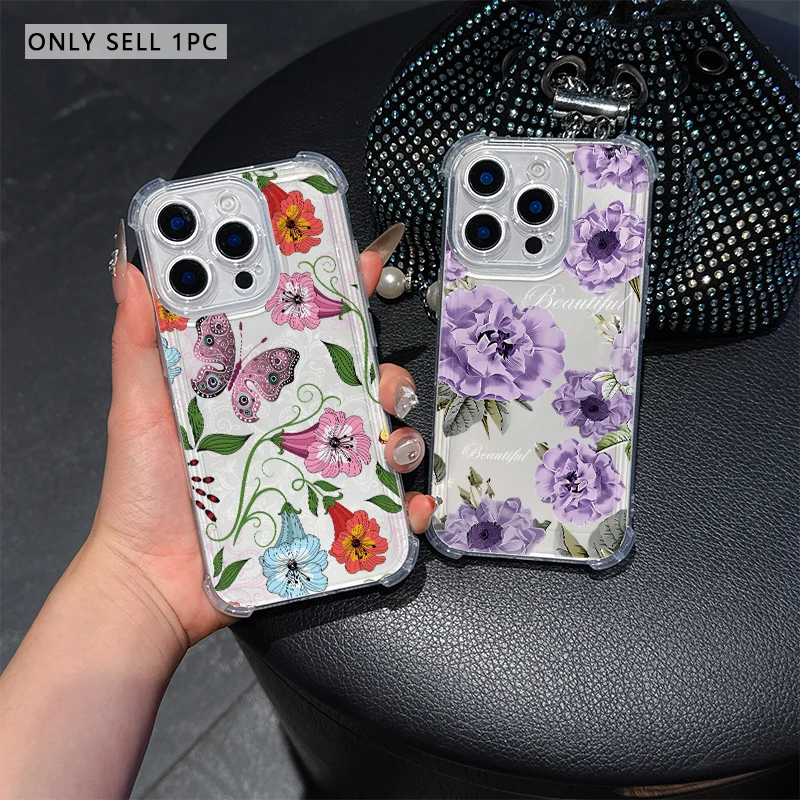 Purple Rose Blossoms Phone Case For IPhone 17 Pro Max 16 17 15 7 14 13 Plus 12 Mini 11 XR 16E Air Cases Transparent Soft Covers