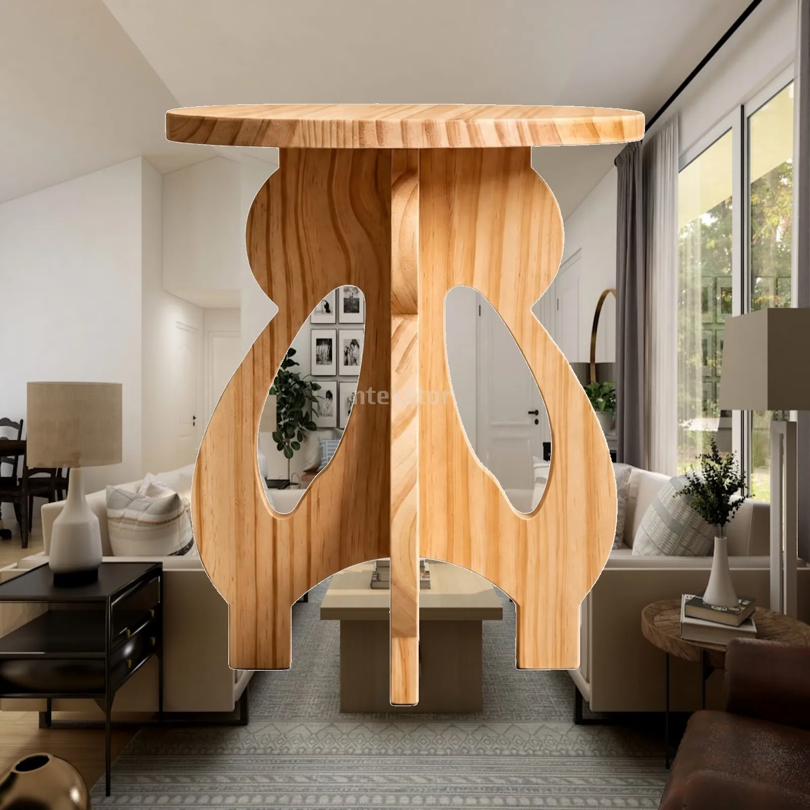 Round Wooden Stool Low Profile Side Table for Entryway Decorative Three Support Base Solid Wood