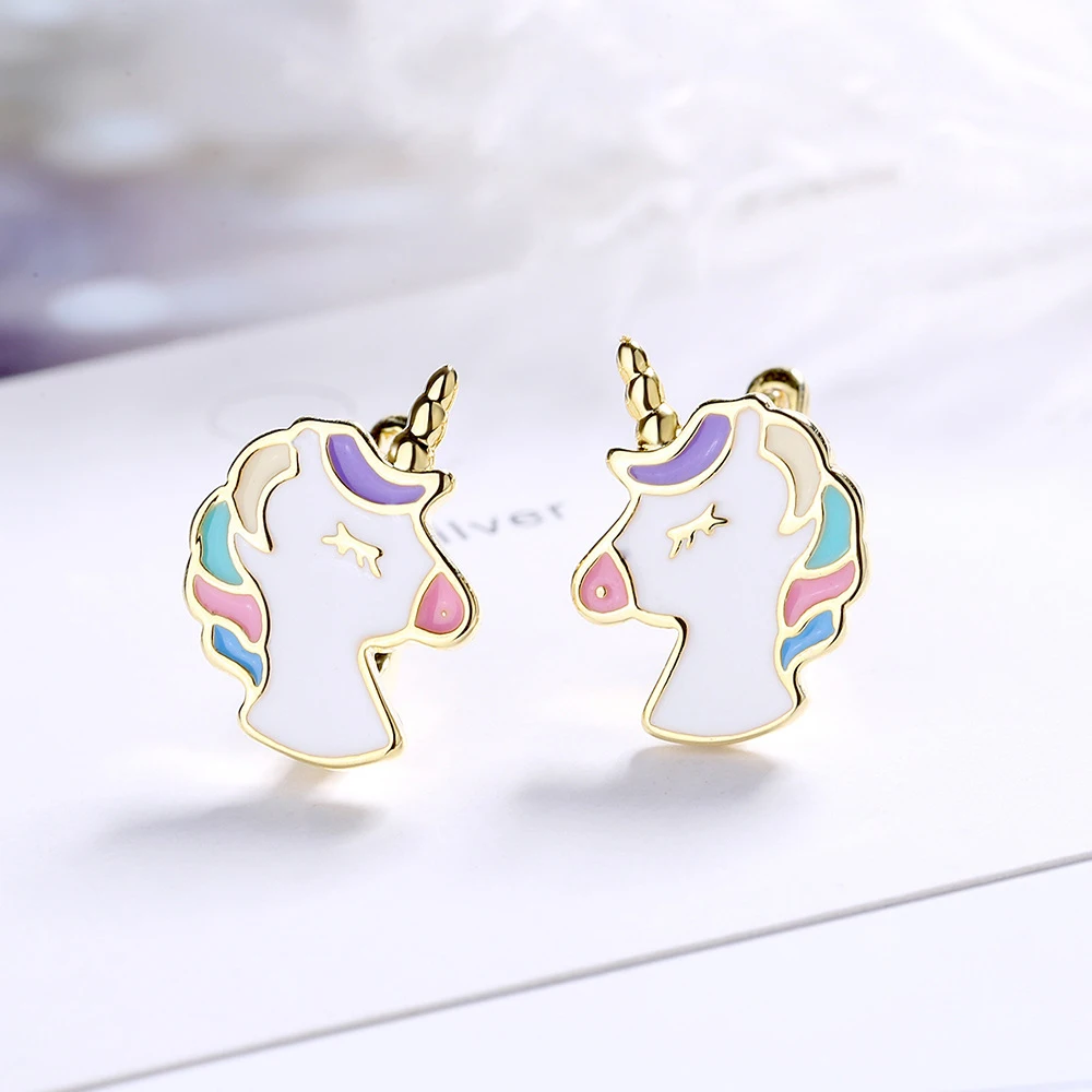 Gold Color 925 Sterling Silver Cute Unicorn Hoop Earrings For Women Vintage Jewelry New FQL20509