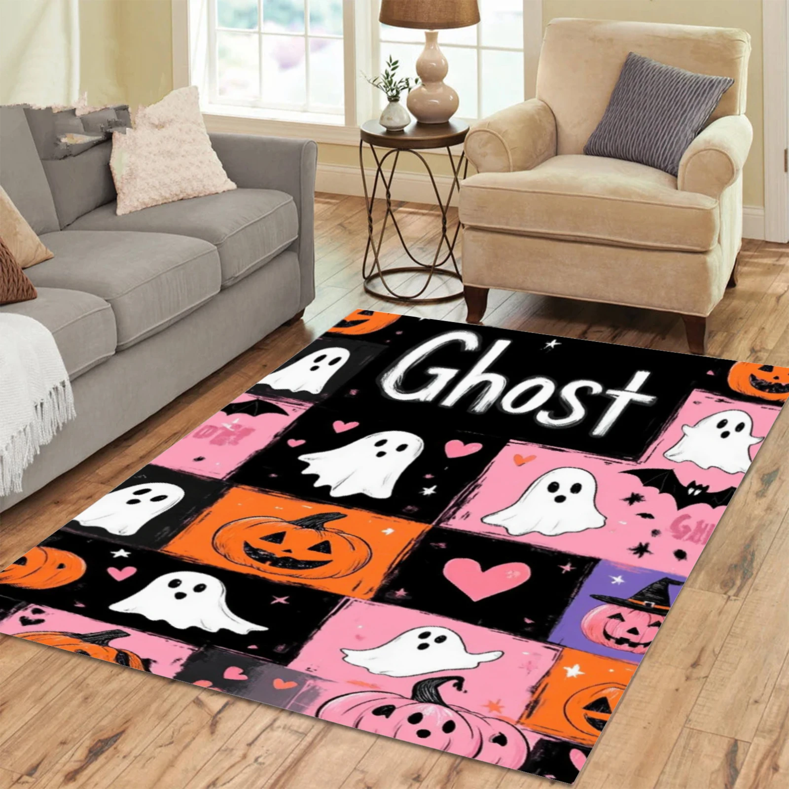 

Happy Halloween Carpet Cute Ghost Rug Customizable Soft Flannel Rug Washable Anti-Slip Personalized Carpet For Halloween Decor