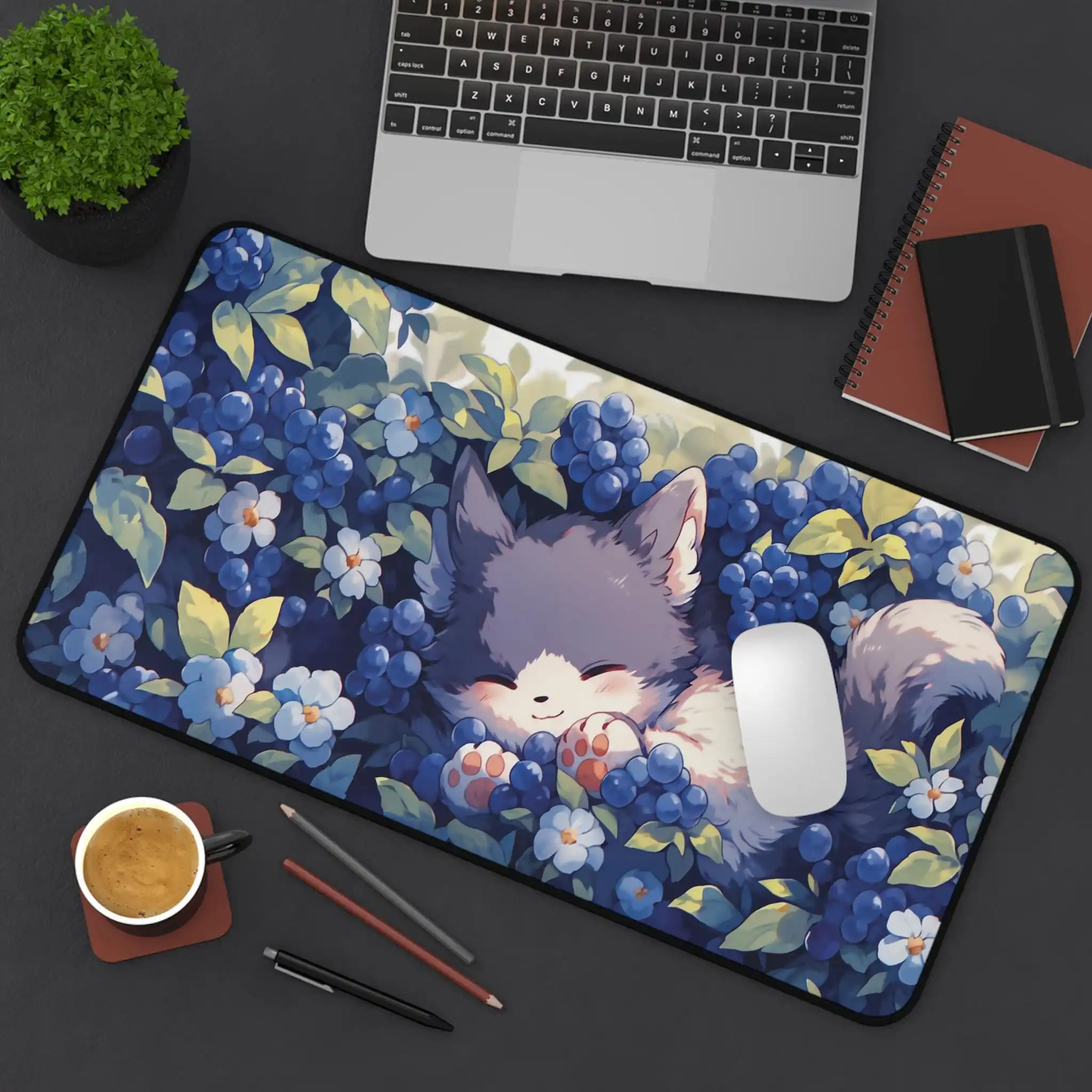 

Cute Berry Fox Deskmat,sleeping Woodland Puppy in Blueberry Bush,cute Pastel Mousepad，cozy Office Décor,perfect Gift for Friends