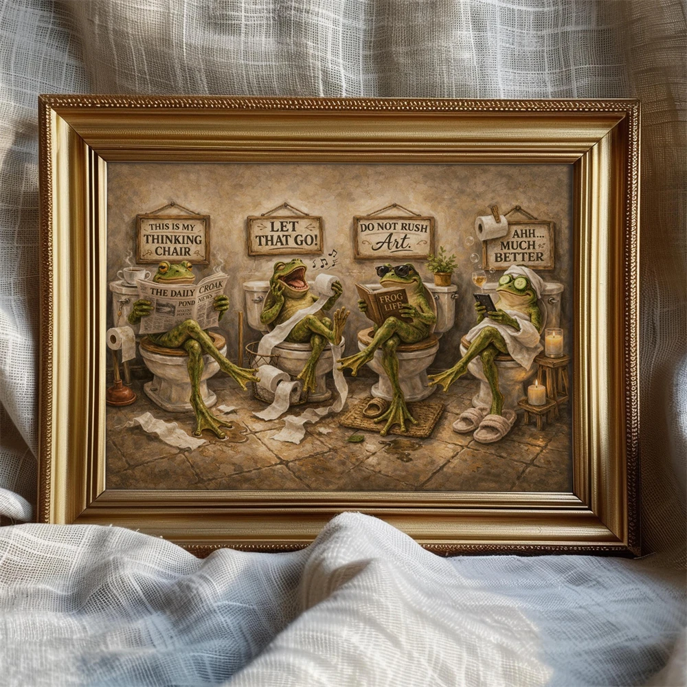 Funny Frog Bathroom Wall Art Prints Frog Toilet Humor Poster Whimsical Bathroom Decor Vintage Frog Artwork Canvas Painting