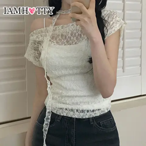 IAMHOTTY 후크 꽃 레이스 작업복 탑 레이스 스카프 한국 패션 스윙 슬래시 넥 반소매 티셔츠 Coquette Sheer Tops New