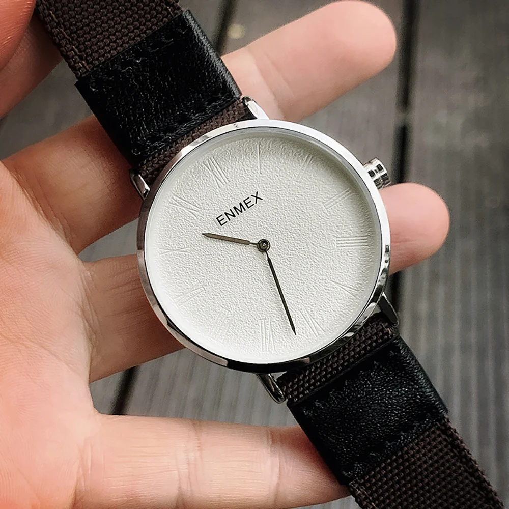 2023 Enmex creative style canvas strap wristwatch Ultra thin case simple digital special design brief casual quartz watch