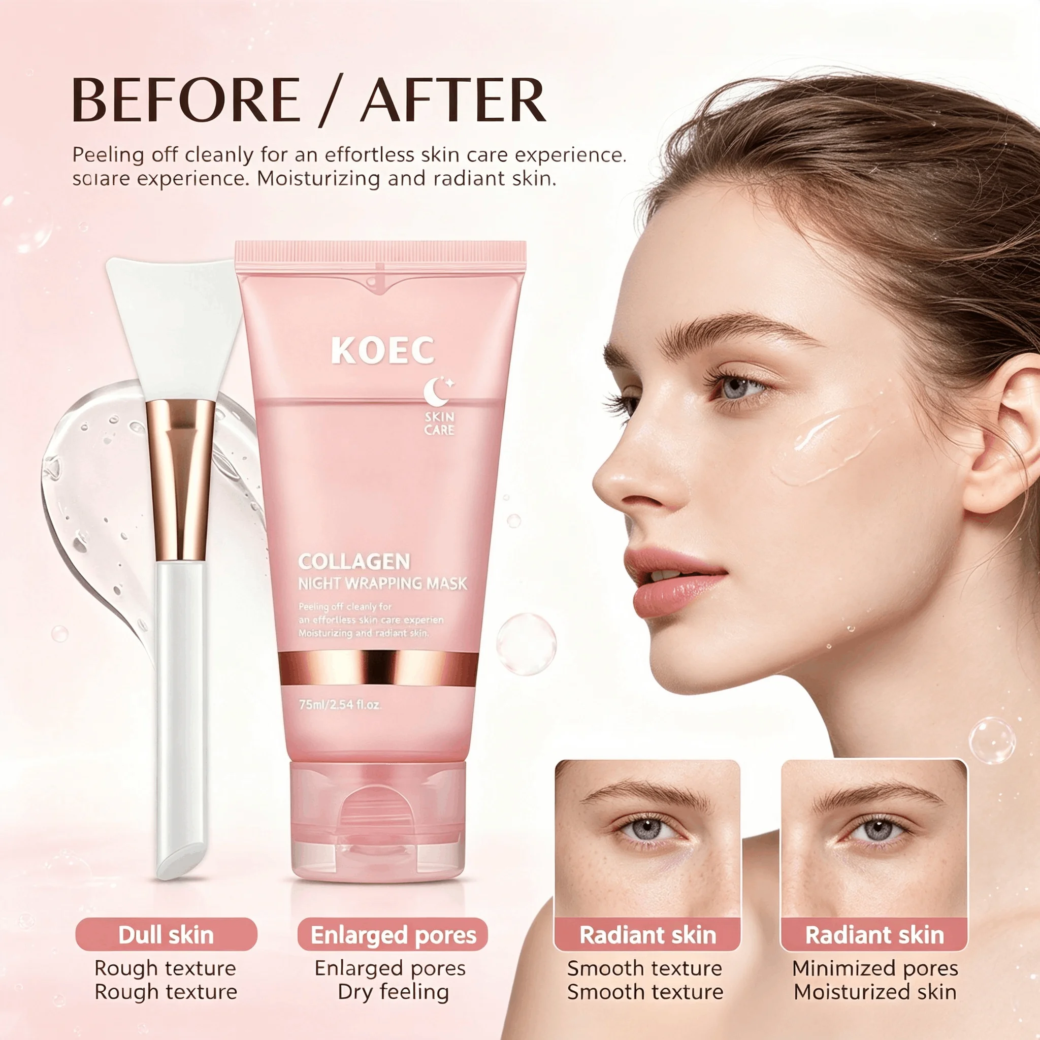 Collagen Peel Off Night Wrapping Mask, KOEC Hydrating Overnight Sleeping Facial Mask with Applicator Brush, Deep Collagen Moisturizer, Revives Dull Skin, Clean Peeling Skincare Mask for Smooth Radiant Complexion