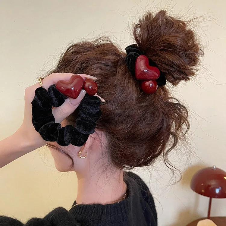 Red heart shaped round bead velvet headband feminine temperament tied hair rope high  feel rubber band headband hair accessory