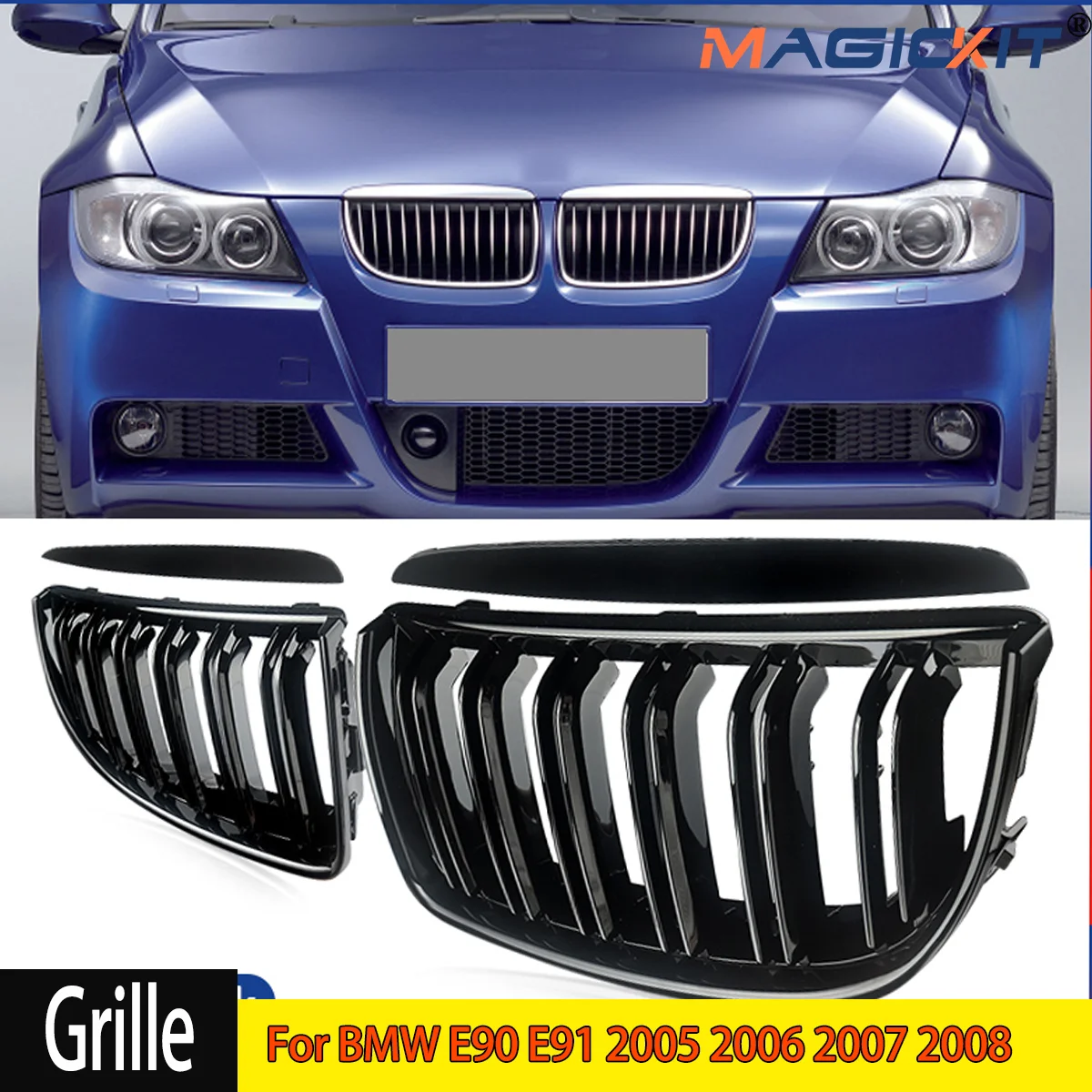 MagicKit Front Kidney Grille Hood Grills Double Line For BMW E90 E91 2005 2006 2007 2008 3 Series 323I 328I 335I 330I 325I Car