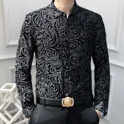 Golden Velvet Long Sleeve Camisa  Chemise Homme Men Shirt Fall High Quality Flower Shirts Men Business Casual Office Shirt