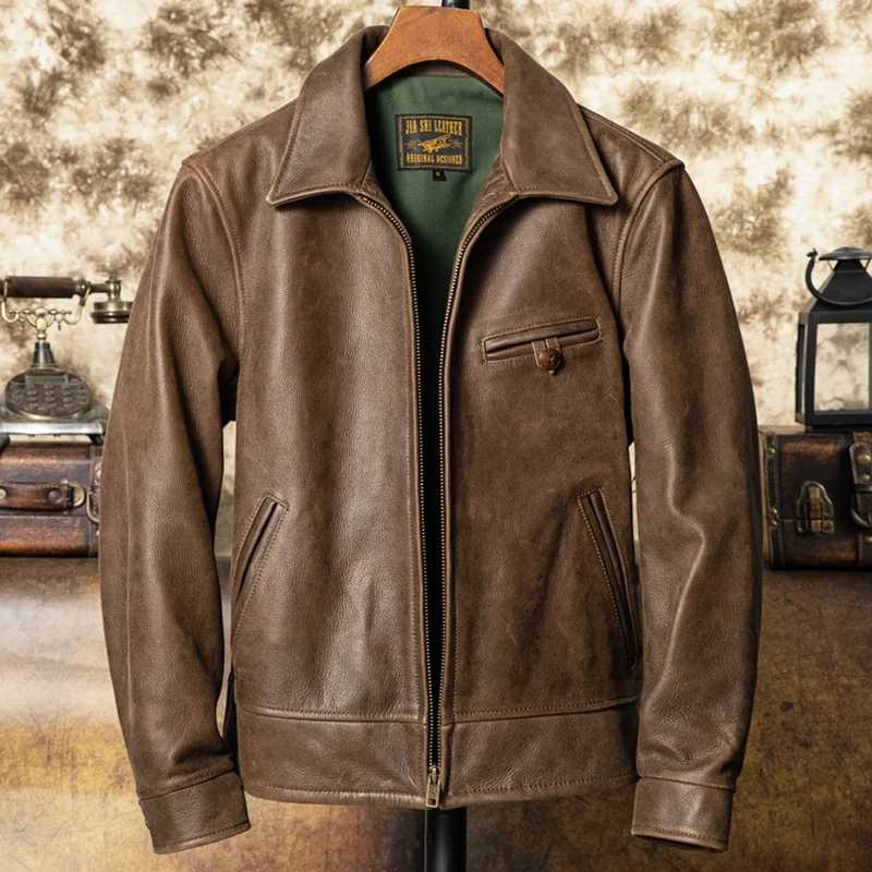 

Brown Autumn Leather Jacket Men Retro Vintage Style Plus Size 5XL Genuine Natural Cowhide Turn-Down Collar Leather Coat