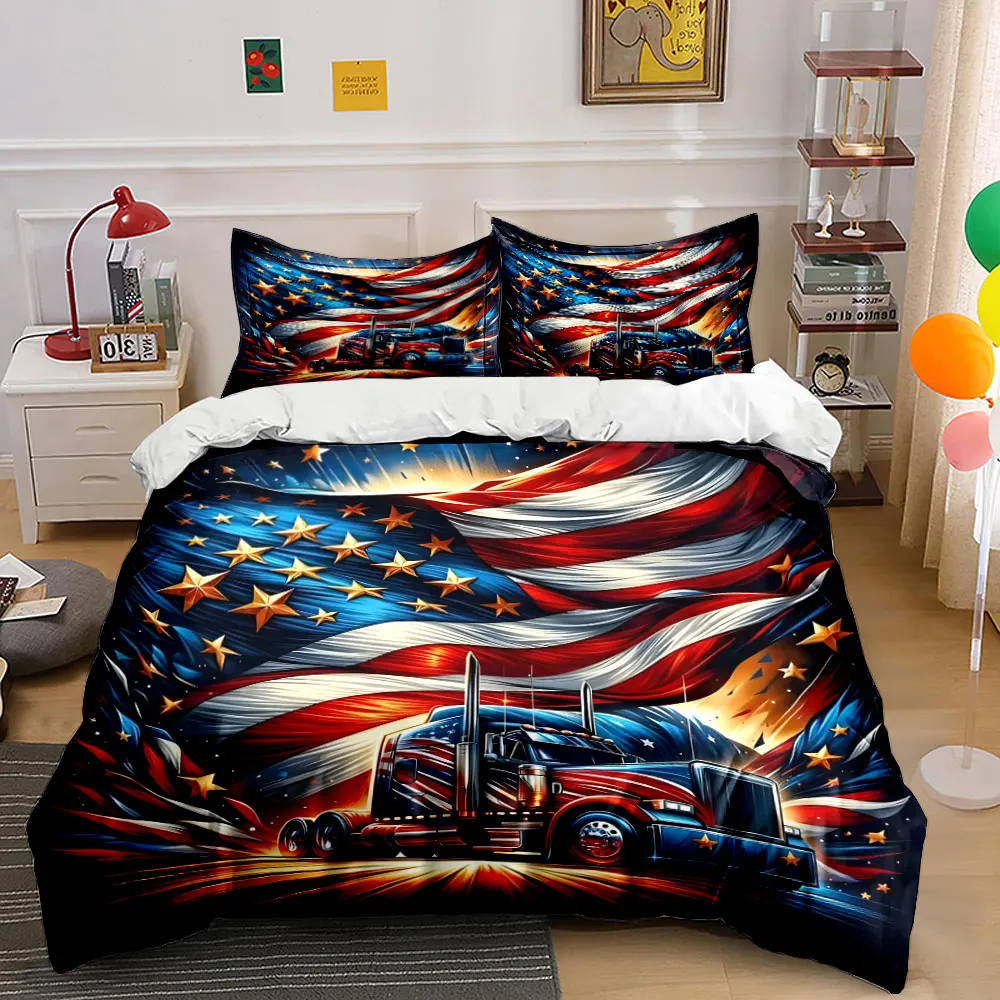 American flag and truck artwork Pattern Duvet Cover Set Digital Print Colorful Polyester Bedding with Zipper Closur for gifts