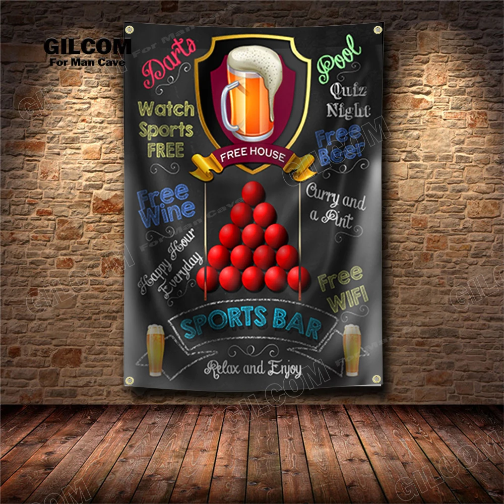 Blackboard Of Sports Bar Banner Flag Free Wine Dart Bowling Poster Art AD Vintage Sign Dark Motor Car Man Cave Garage Pub Club