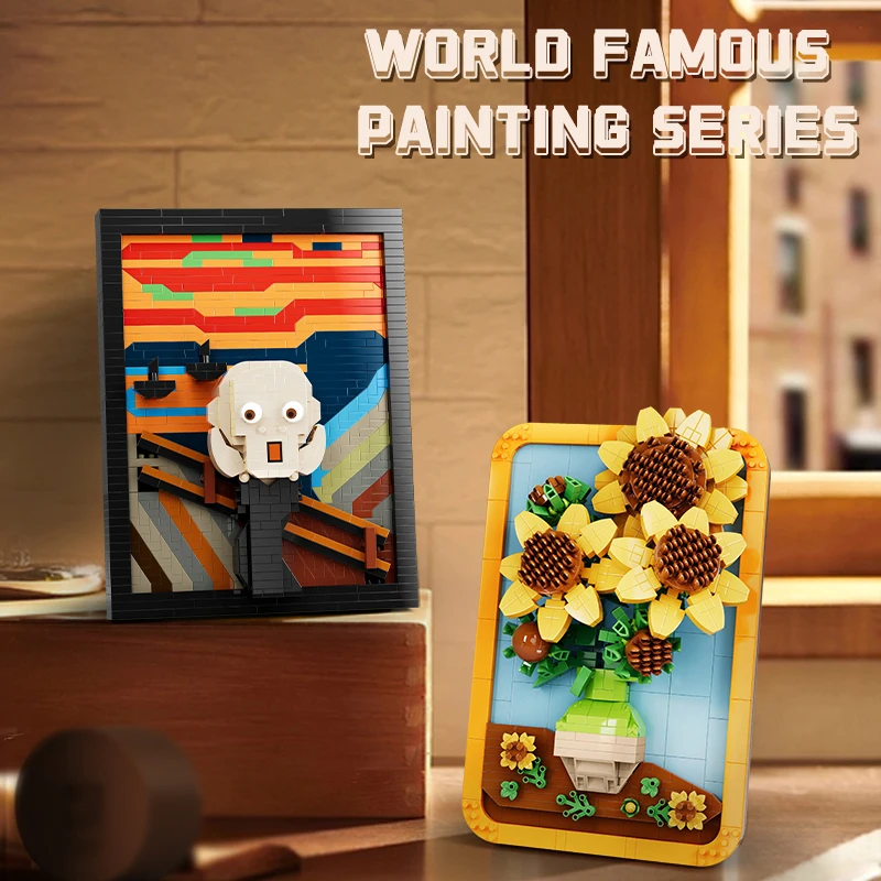 Creative World Famous Classic Painting Van Gogh Sunflowers Building Block MOC The Scream Arts Small Particle Assembly Toys Gifts