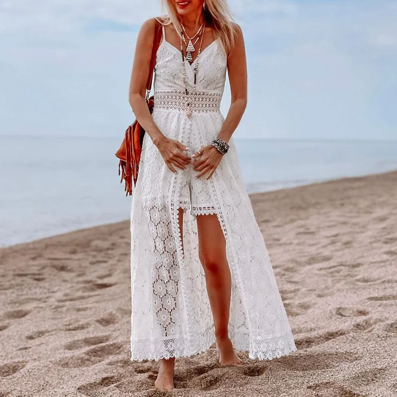 Sexy V-Neck Suspender Splicing Casual Jumpsuit Bohemian Lace Hollow Shorts Dress Seaside Vacation Spring Summer