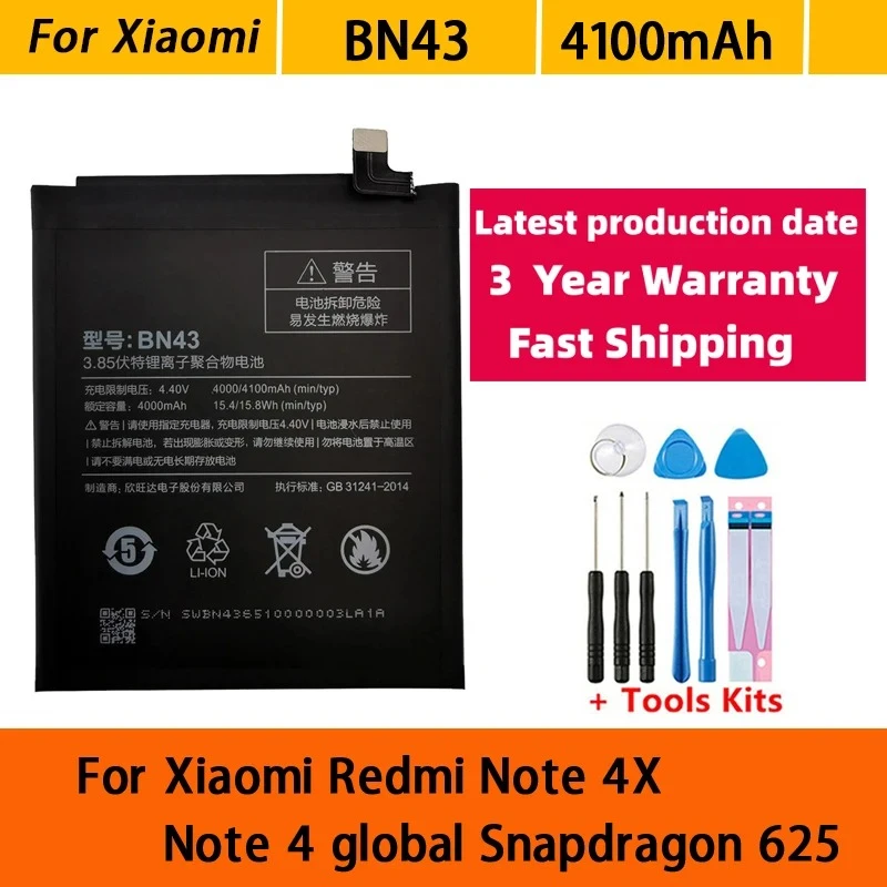100% 4100mAh BN43 Battery For Xiaomi Redmi Note 4X Note 4 global Snapdragon 625 Phone Batteries Batterij+Tools Fast Shipping