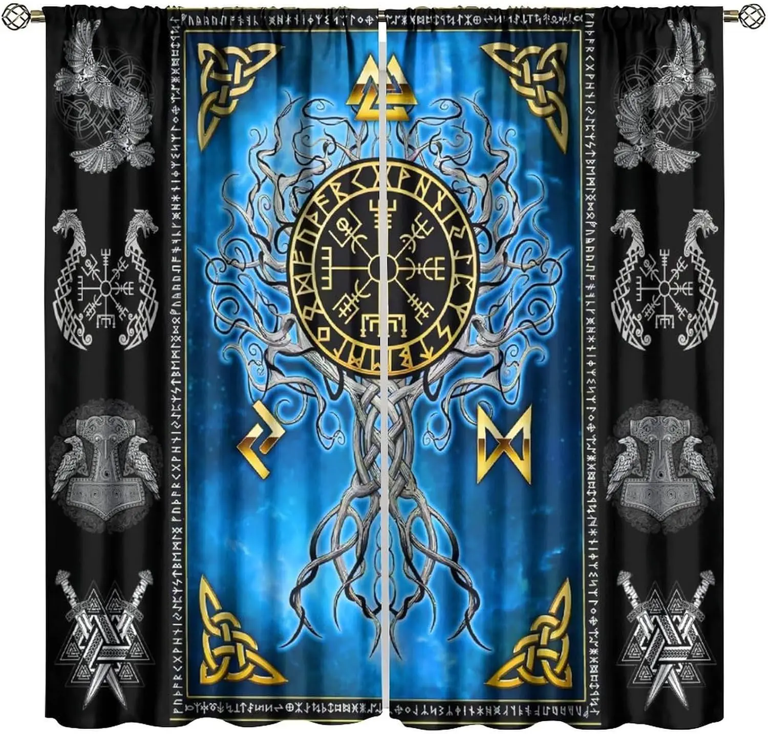 Viking Yggdrasil Rune Tree Raven Hammer Blackout Rod Pocket Curtain Norse Myth Decor Men Homestay Bedroom Rest Bay Window