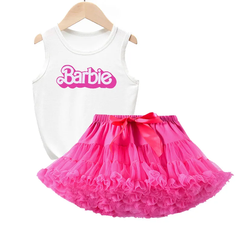 Kawaii Cartoon Anime Barbie Girls Sleeveless Princess Skirt Suit Sweet Cute Sleeveless Top Mesh Tutu Skirt Two-Piece Set