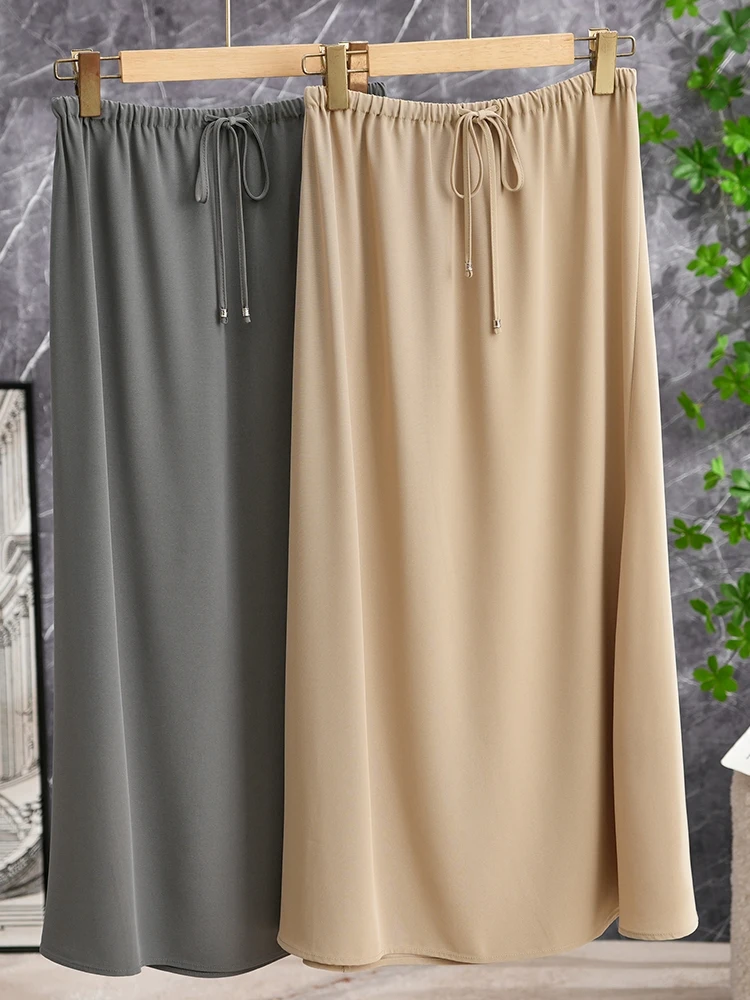 

High Quality Acetate Belted Elastic Waist Slimming Midi A-Line Casual Skirt Women Summer Pure Color Commute Style Gathered Bu...