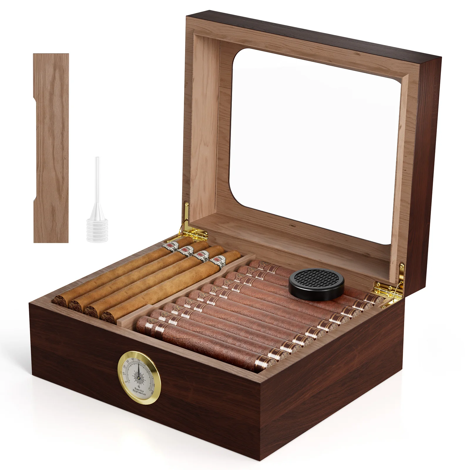 Cigar Box Humidor with Hygrometer and Humidifier, Cedar Wooden Case with Drawer, Divider, Length Gauge, Desktop Humidor Box Gift
