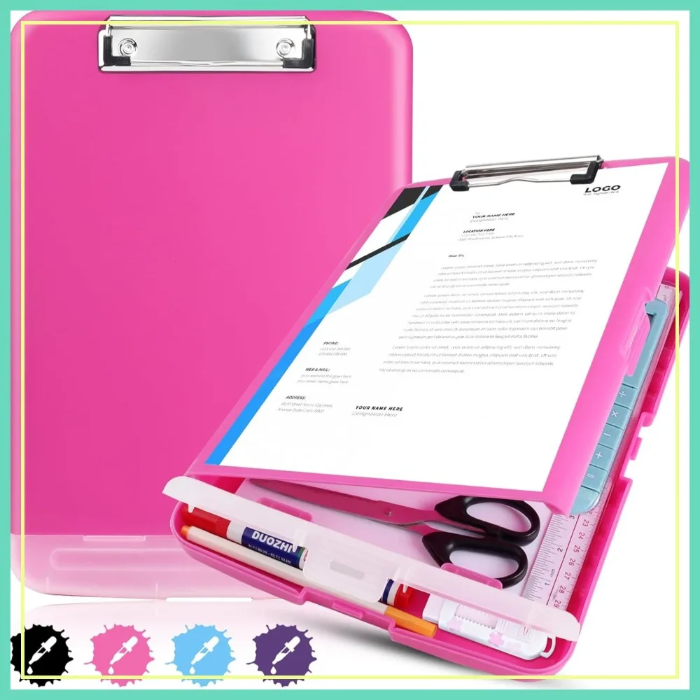 

A4 Plastic Clipboard with Storage, Side Opening, Pen Holder, Heavy Duty 8.5x11, Hot Pink