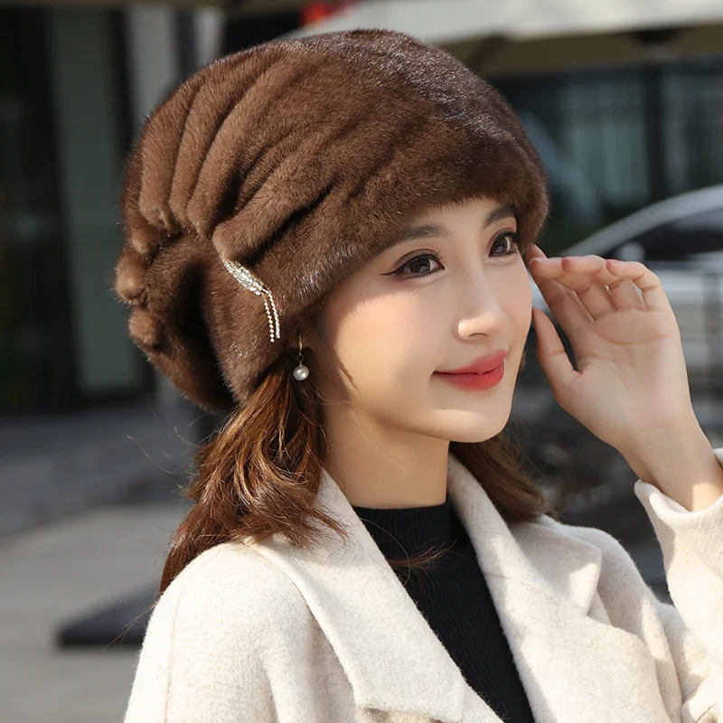 New Genuine Real Natural Mink Fur Hat Cap For Women's Luxury Women Fur Hats Fashion Winter Headwear Warm Real Fur Hat