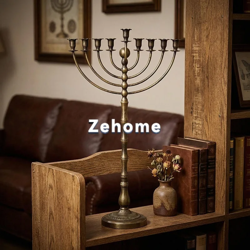 Bronze metal nine-headed candlestick retro tall floor-to-ceiling large candle holder Jewish holiday religious